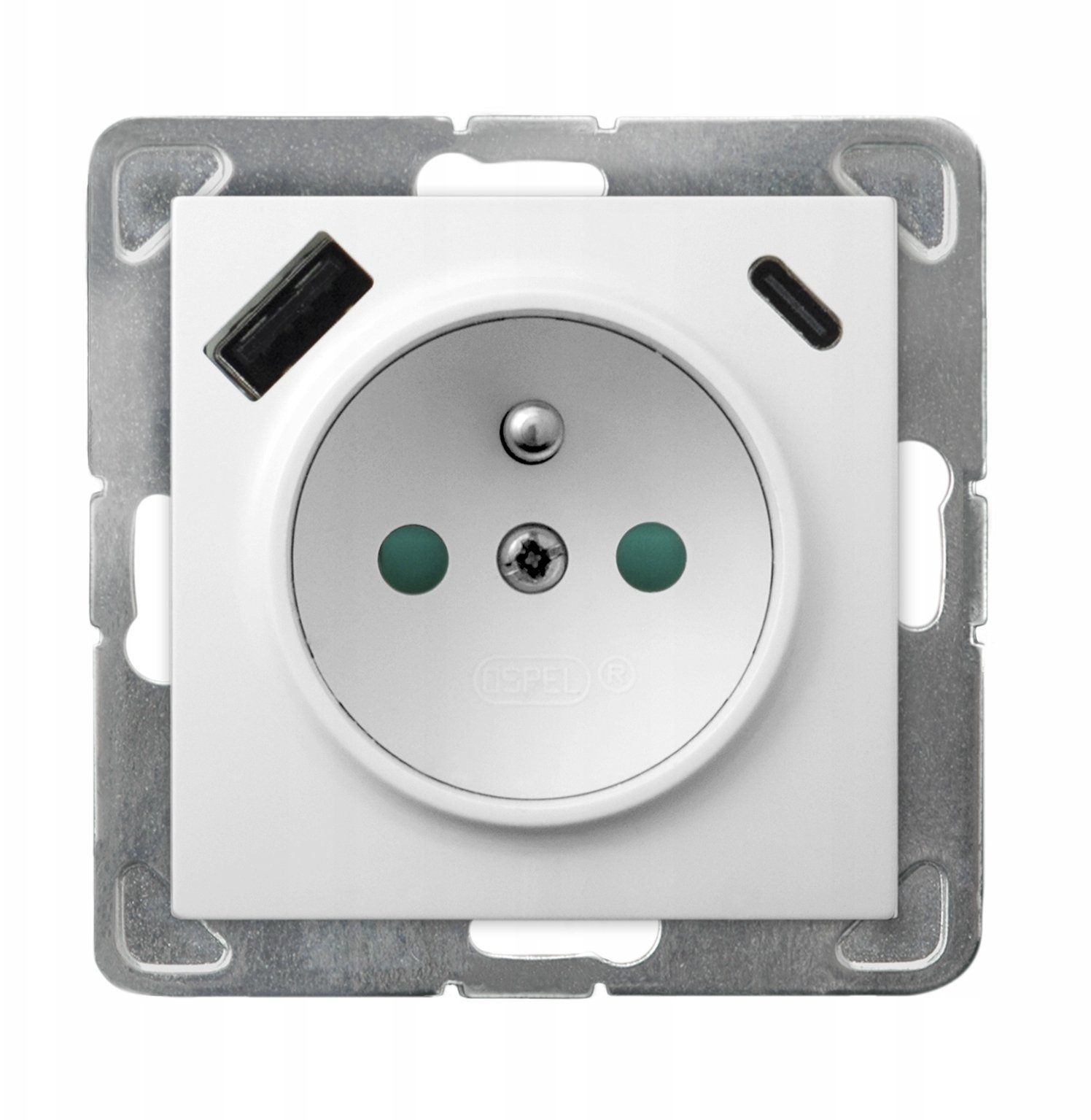 IMPRESJA Gniazdo pojedyncze z uziemieniem z przesłonami torów prądowych, z ładowarką USB A+C biały GP-1YZPUSBAC/m/00