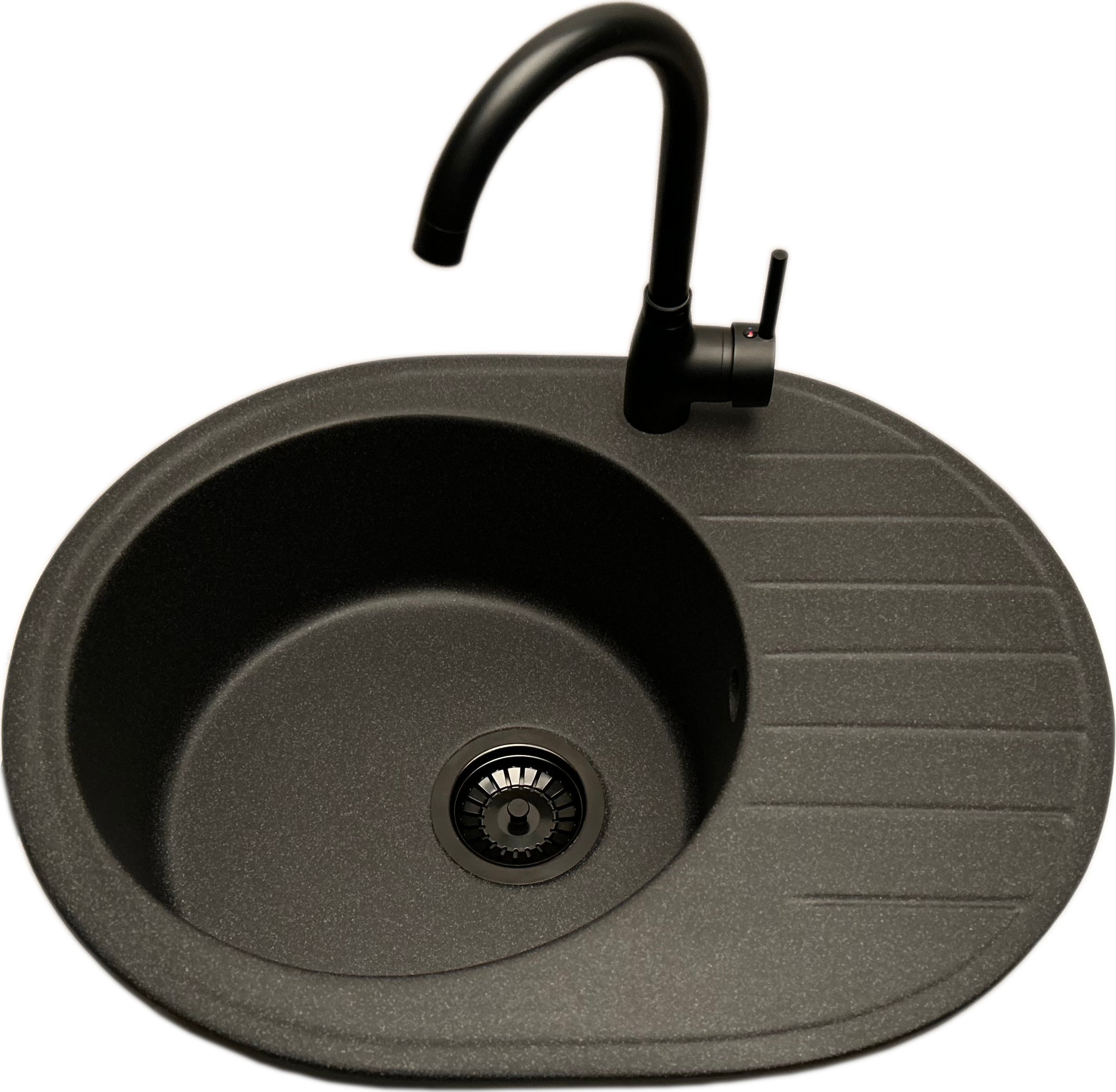 Zlewozmywak PREHNIT Zlewozmywak jednokomorowy z ociekaczem VISTA grafit z prawym ociekaczem + bateria LUNA czarna