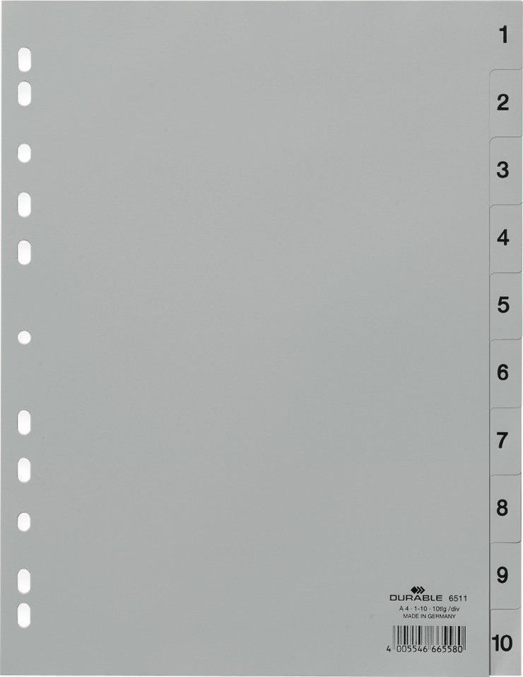 Durable Przekładki PP A4, numeryczne 1-10, szare Durable szary