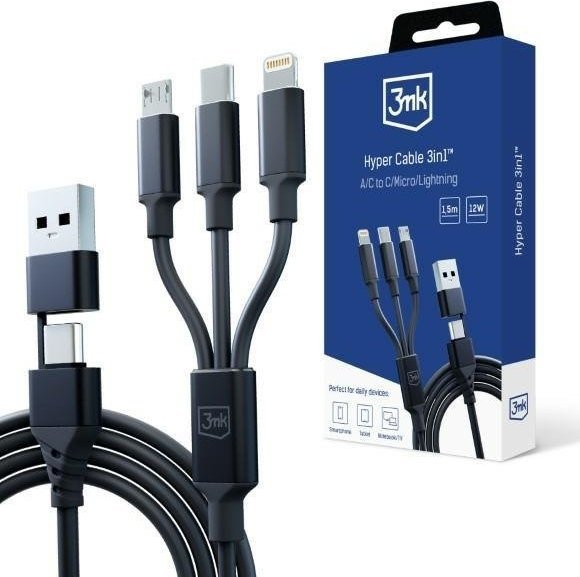 Kabel USB 3MK USB-A + USB-C - USB-C + microUSB + Lightning 1.5 m Czarny (5903108541244)