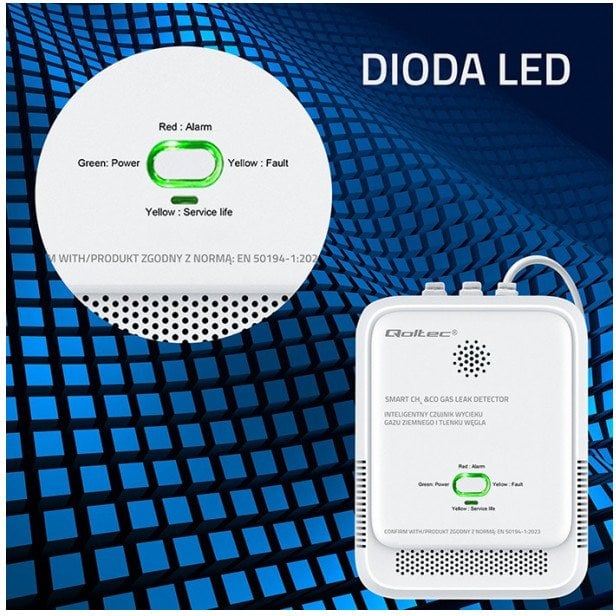 qoltec Czujnik wycieku gazu i tlenku węgla | alarm 85dB | LED