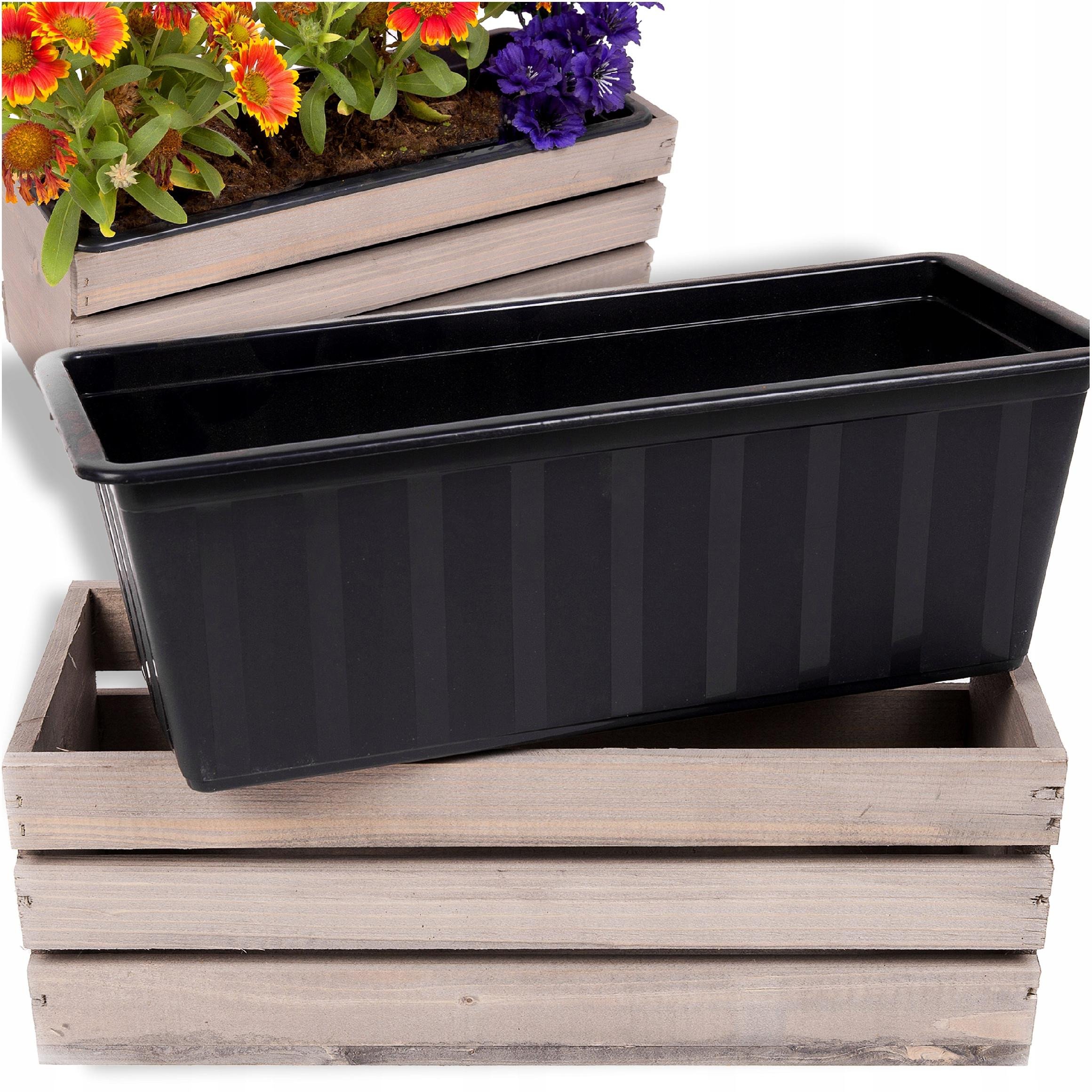 SKRZYNKA DREWNIANA SZARA 40CM CZARNY WKŁAD