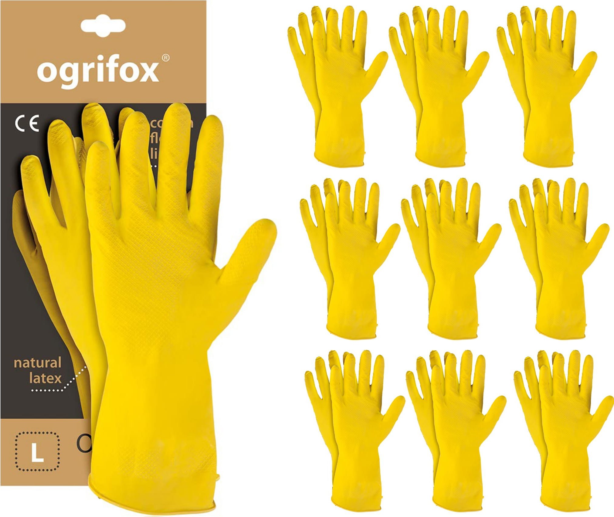 Ogrifox Rękawice ochronne gumowe flokowane / Żółte / OX-FLOX - 10 Par (9 - L)