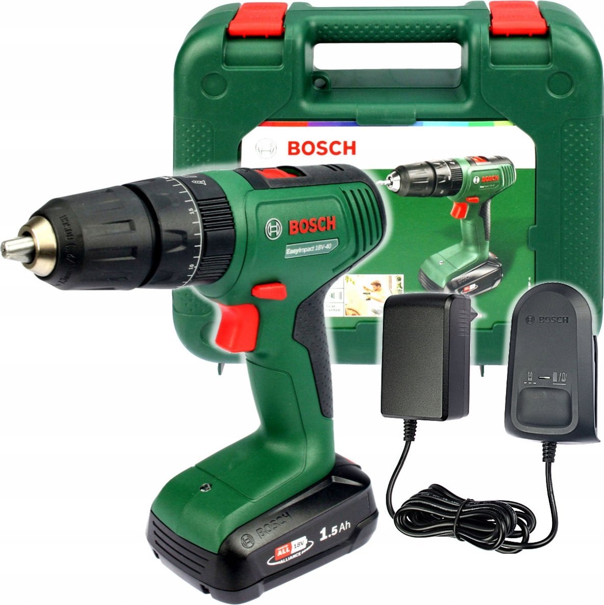 Wiertarka Bosch Bosch cordless impact drill EasyImpact 18V-40 (green/black, Li-ion battery 1.5Ah, case, POWER FOR ALL ALLIANCE)