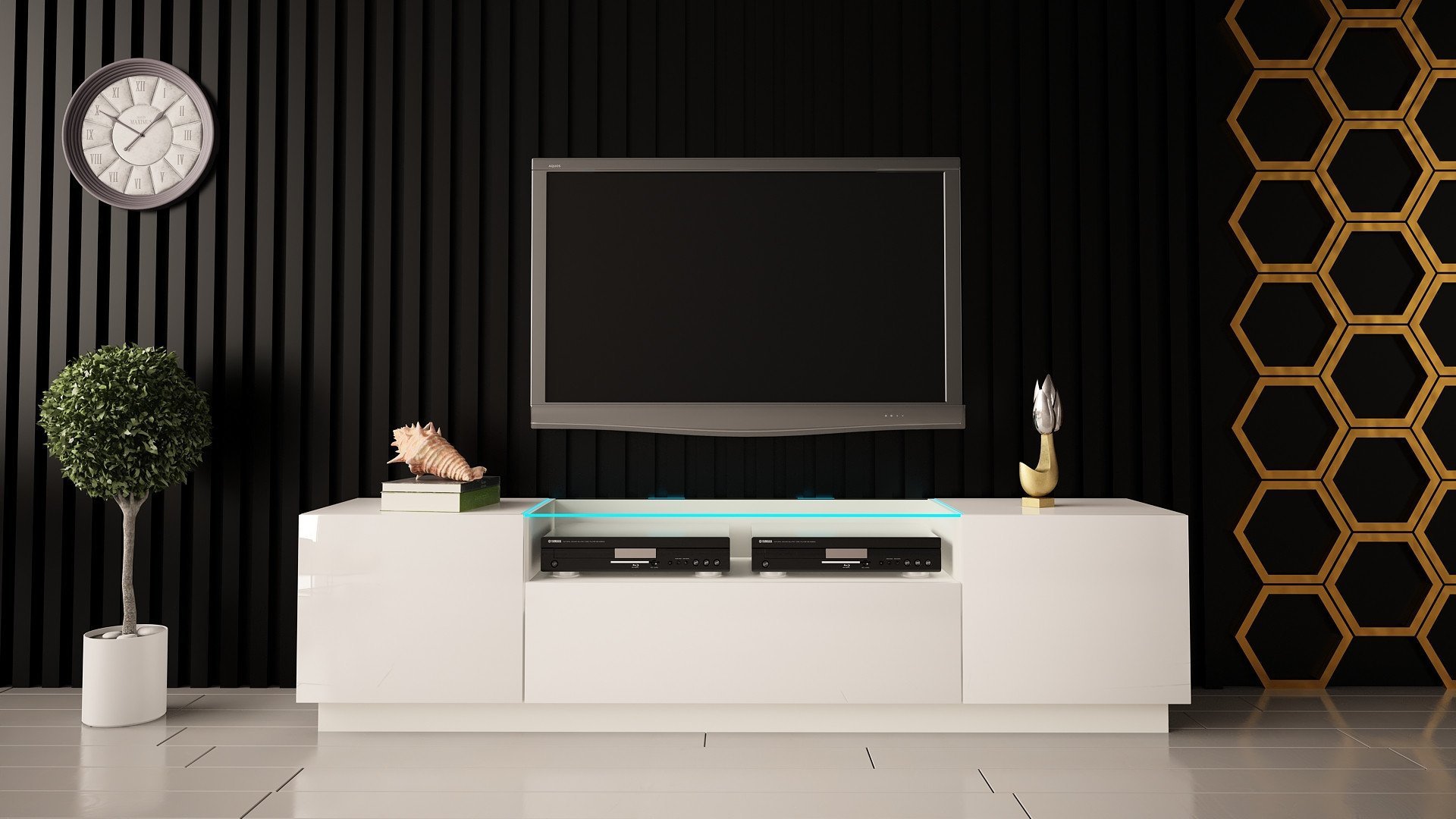 MEGSTYL SZAFKA RTV 180CM Z przeszklonym blatem ALTA-01 Biały mat - Biały połysk