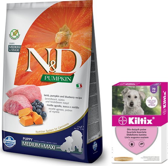Farmina Farmina N&D Pumpkin Grain Free canine LAMB & BLUEBERRY PUPPY MEDIUM & MAXI 12kg + BAYER Kiltix Obroża dla psów dużych dł, 70cm