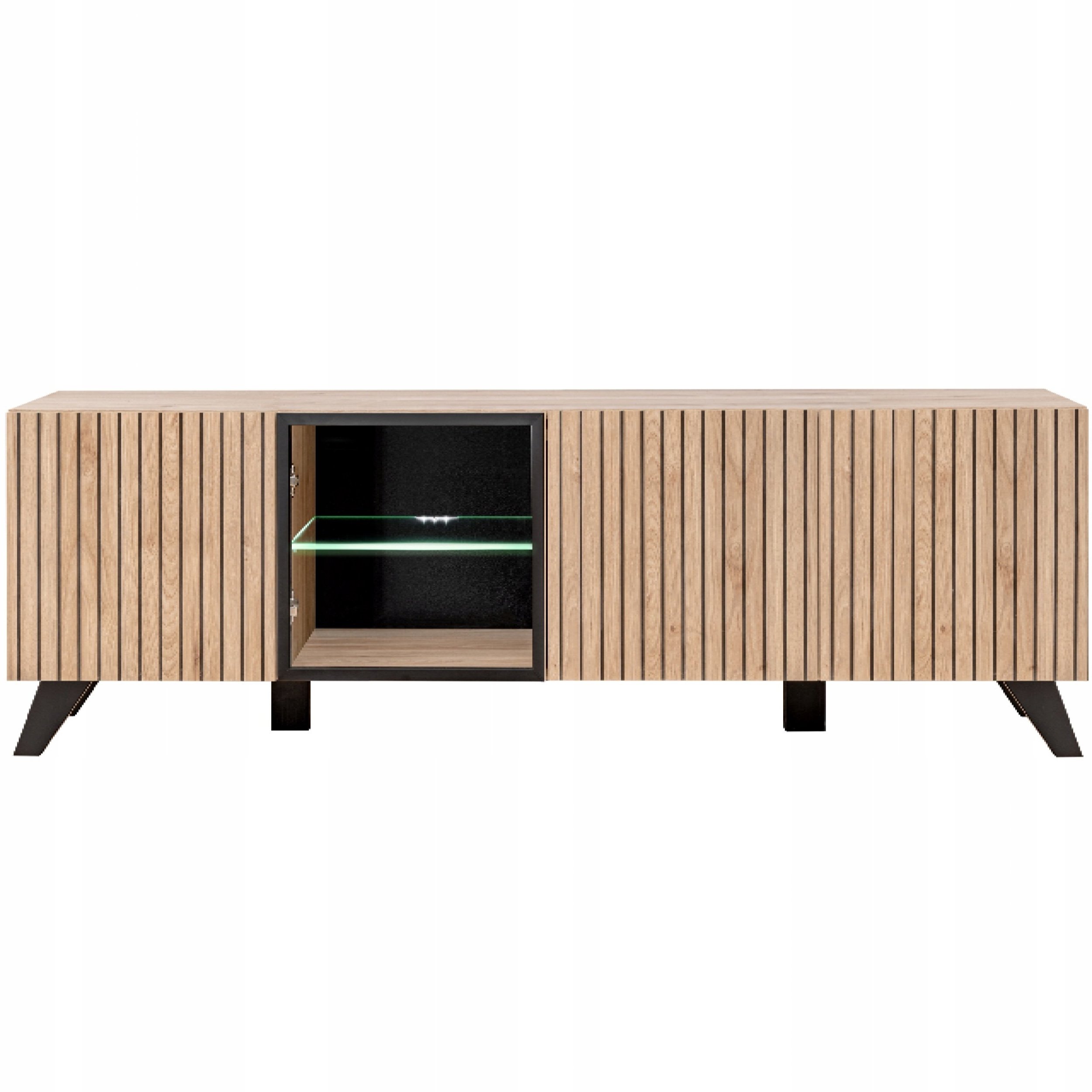 Szafka RTV LIAM - Przeszklona + Oświetlenie LED | Dąb + Czarny Mat | 160 cm