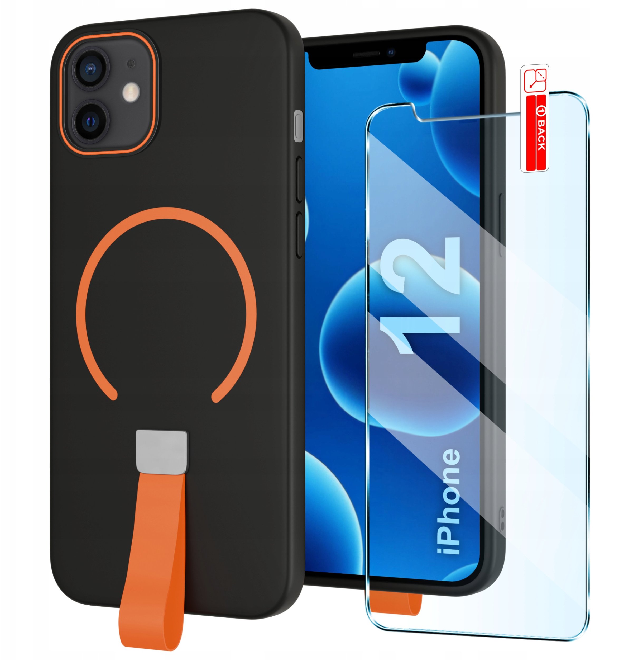 Etui z Paskiem na palec Matowe CZARNE do iPhone 12 |do MagSafe +Szkło