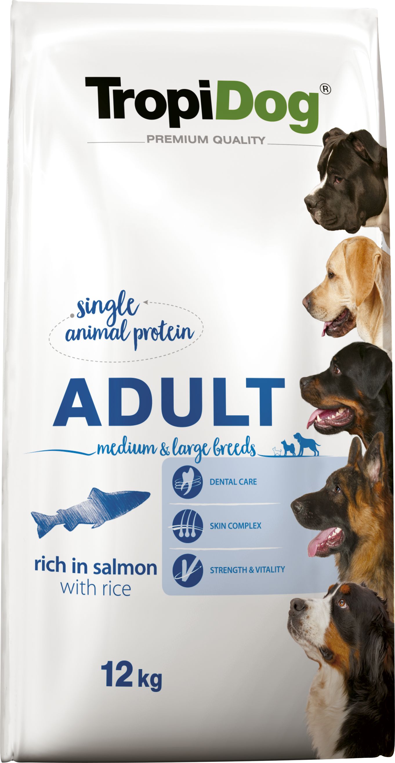 TropiDog TROPIDOG Premium Adult medium & large breeds bogty w łososia i ryż 12kg