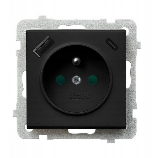 Ospel Gniazdo pojedyncze z uziemieniem z przesłonami torów prądowych, z ładowarką USB A+C matowe srebrne