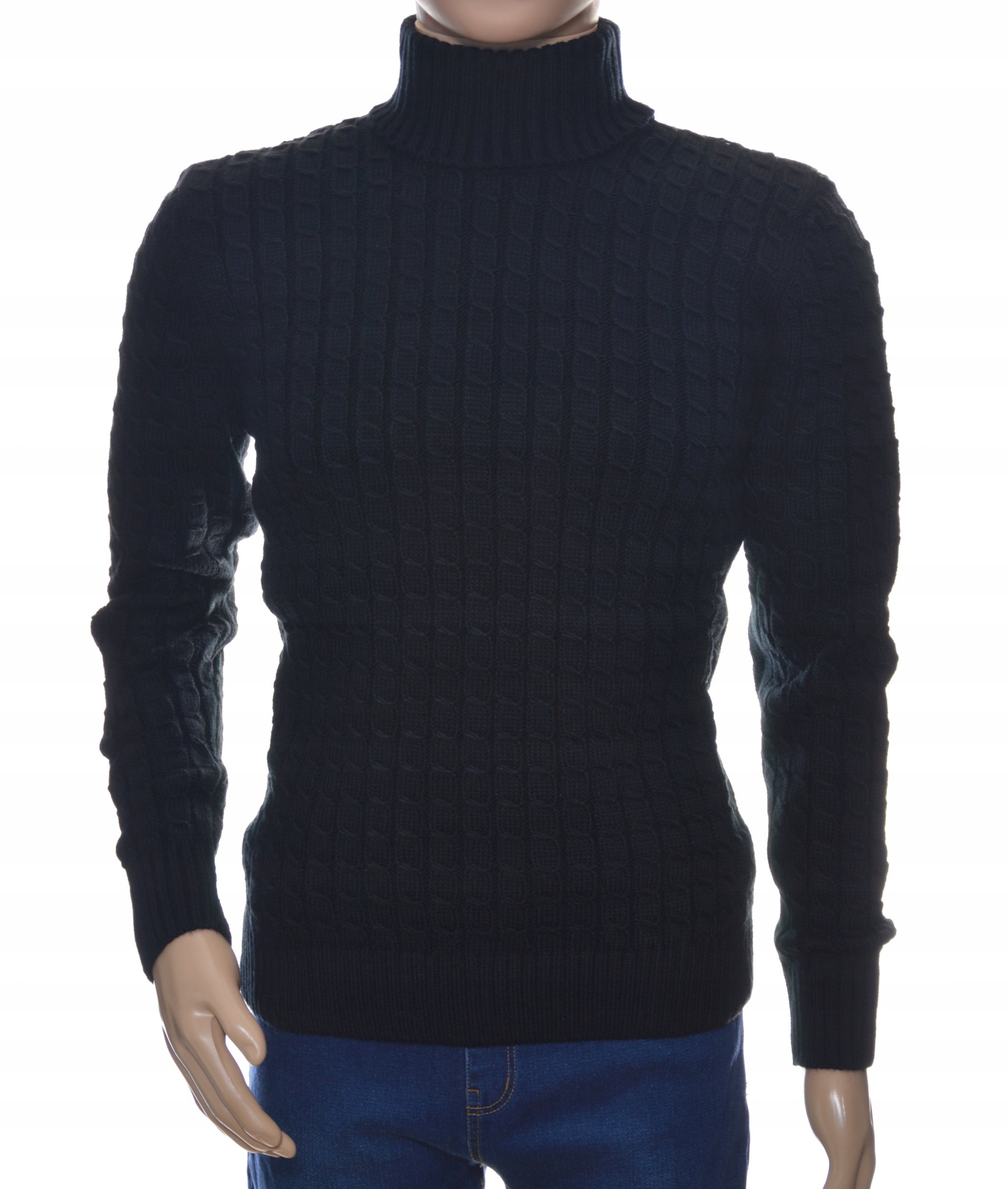 Ciepły wełniany sweter męski z golfem golf szetland z wełny L / XL czarny