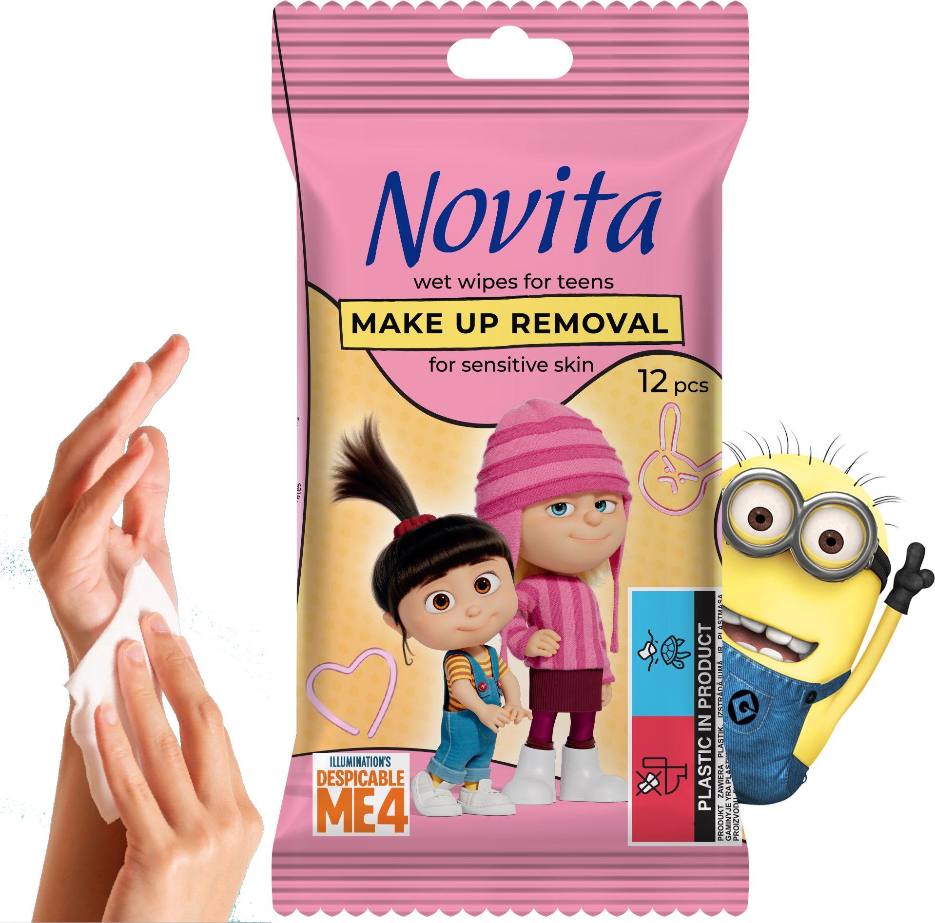 NOVITA Minionki Chusteczki nawilżane do demakijażu dla nastolatków, 12 szt.