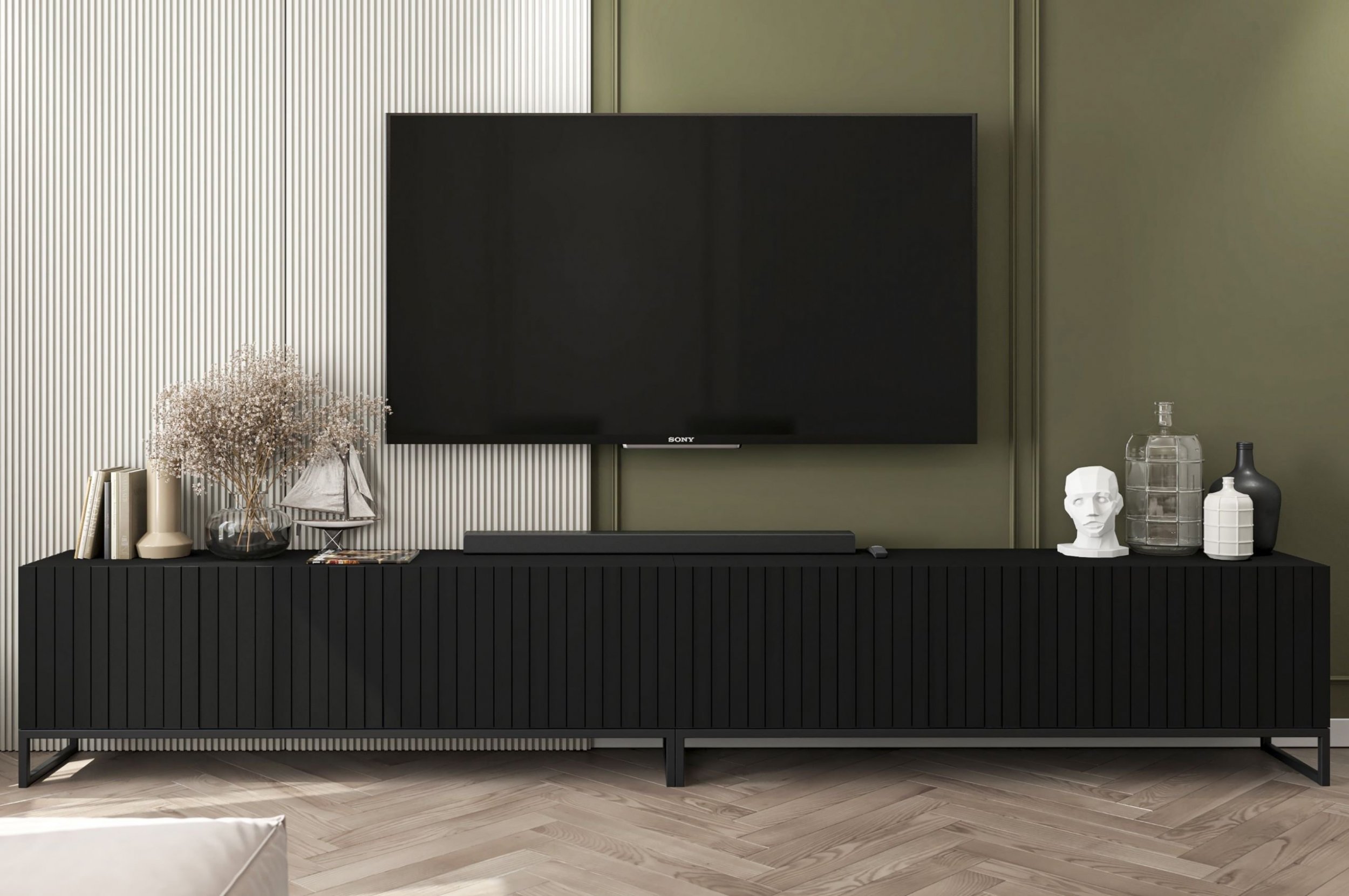 Meble Lindner Szafka RTV Glamour Nowoczesna Komoda RTV Ryflowane Fronty Czarny Mat Czarna Rama Loft 300 cm