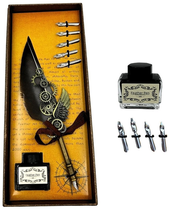 Giftdeco Zestaw do Kaligrafii Retro z Piórem Gęsim Vintage 6 Stalówek Atrament