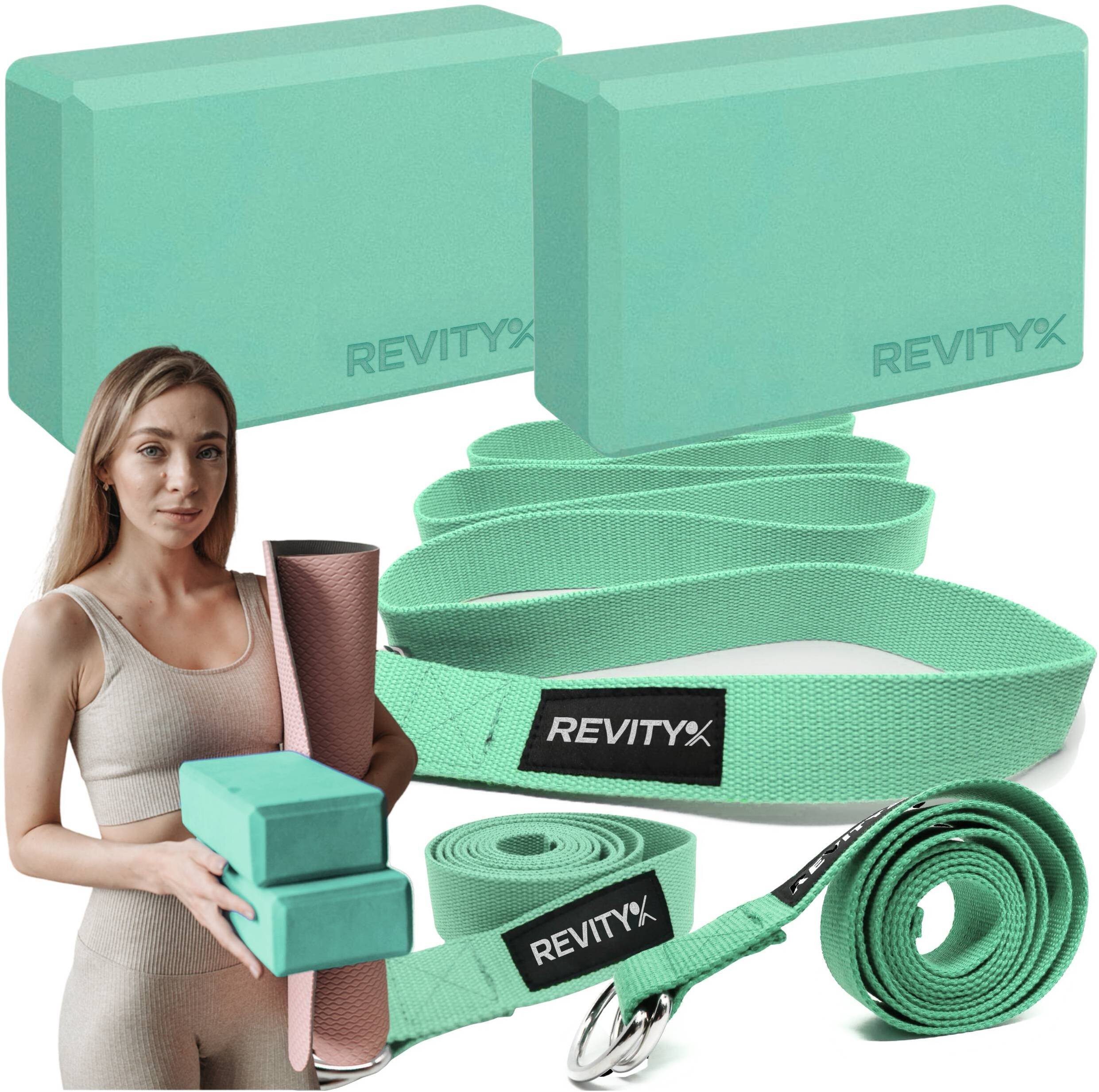 Klocek do jogi, EVA, 23x15x7.5 cm, 2 szt. i pasek do jogi, 3,8x200 cm - zestaw do rozciągania