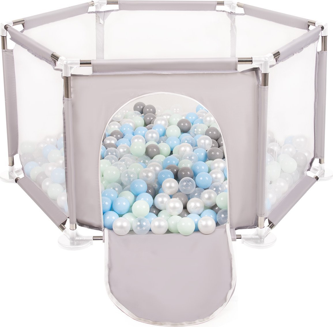 Selonis Sześciokąt składany KS-100X z piłeczkami 6cm szary: perła-szary-transparent-babyblue-mięta 63x64/900piłek Zabawka kojec