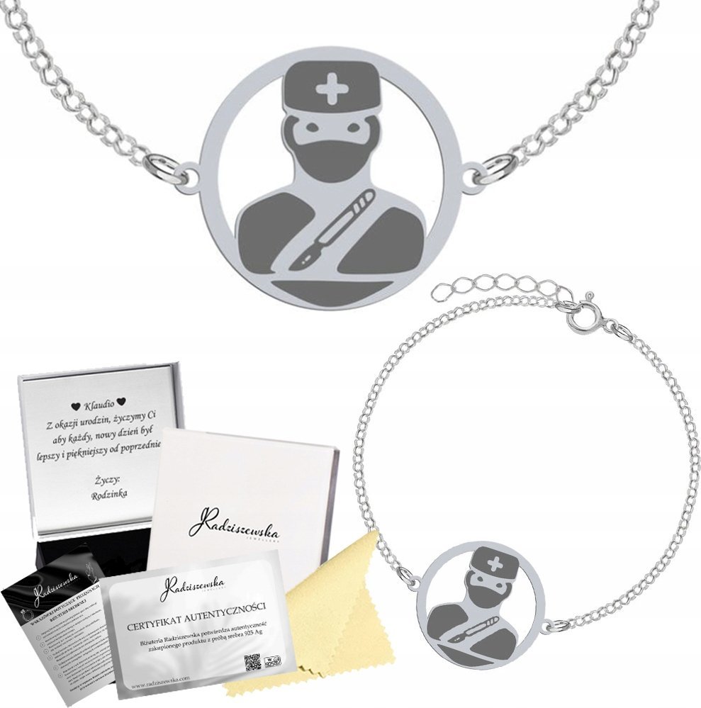 Radziszewska Jewellery Bransoletka Srebrna z Chirurgiem Łańcuszek Biżuteria 925 GRAWER GRATIS