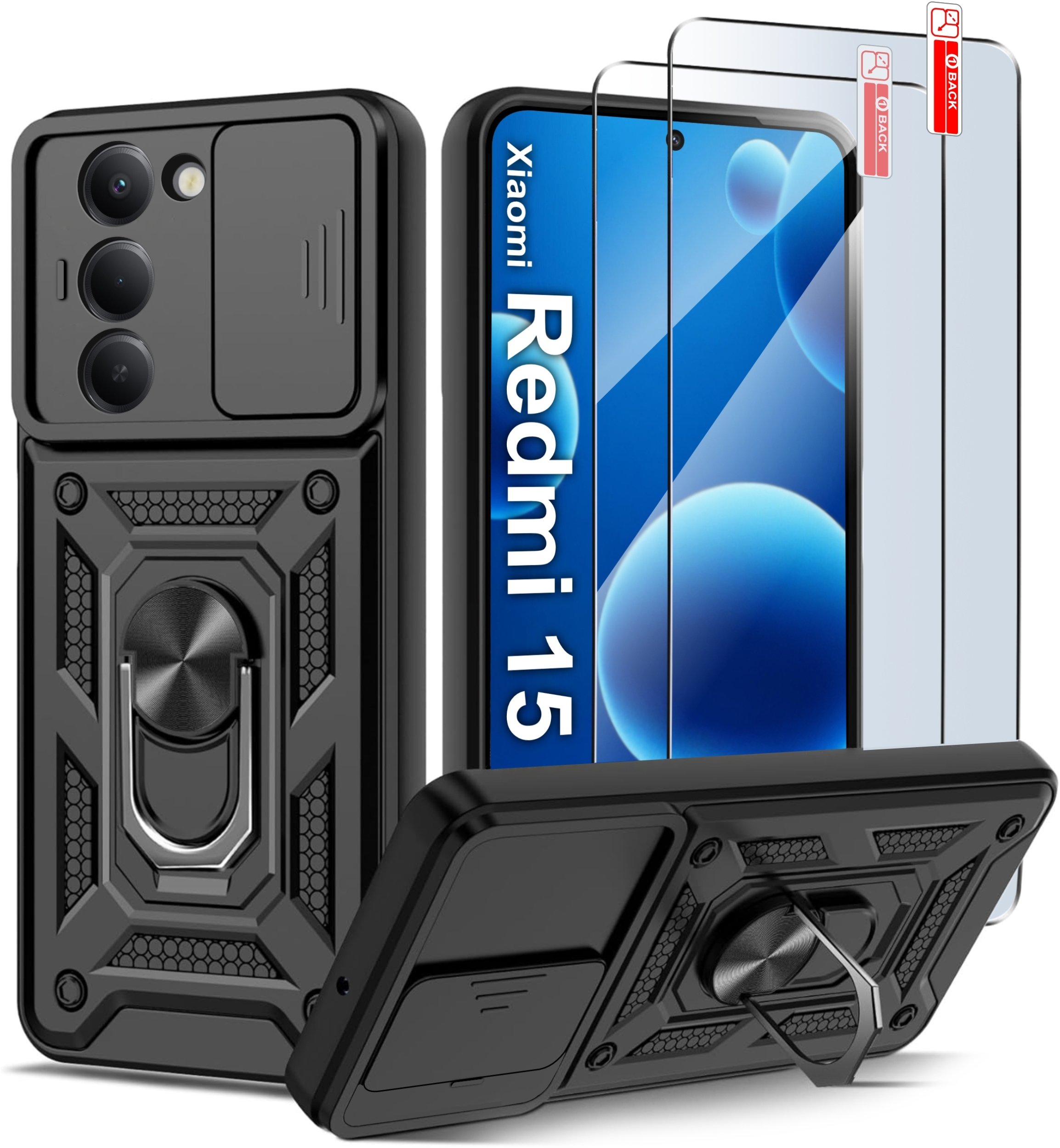 Etui Pancerne CZARNE SLIDE do Xiaomi Redmi 15 4G | 5G WZMACNIANE + 2x Szkło