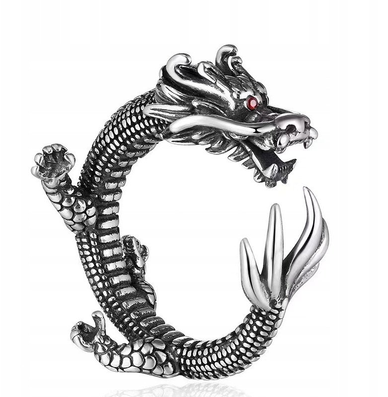 PIERŚCIEŃ Obrączka SYGNET SMOK REGULOWANY Vintage SREBRNY METALOWY r.UNI