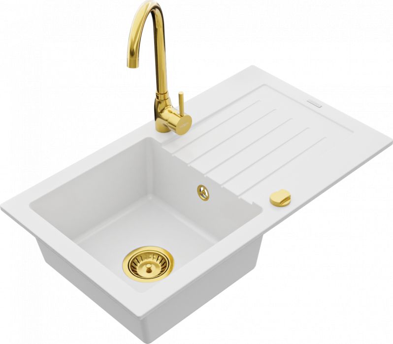 Zlewozmywak Mexen Mexen Pablo zlewozmywak granitowy 1-komorowy z ociekaczem i baterią kuchenną Telma, biały - 6510-20-670200-50