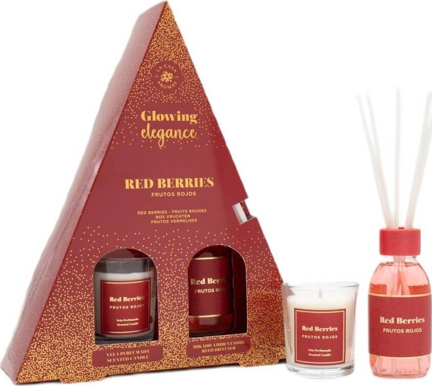 Dyfuzor zapachowy Beliani Glowing Elegance zestaw patyczki zapachowe Czerwone Owoce 95ml + świeca zapachowa Czerwone Owoce 120g