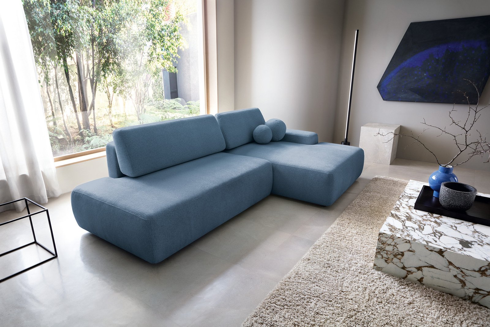 Narożnik OLMI O prawostronny Raven 86 granatowy ciemny niebieski funkcja spania + poduszki