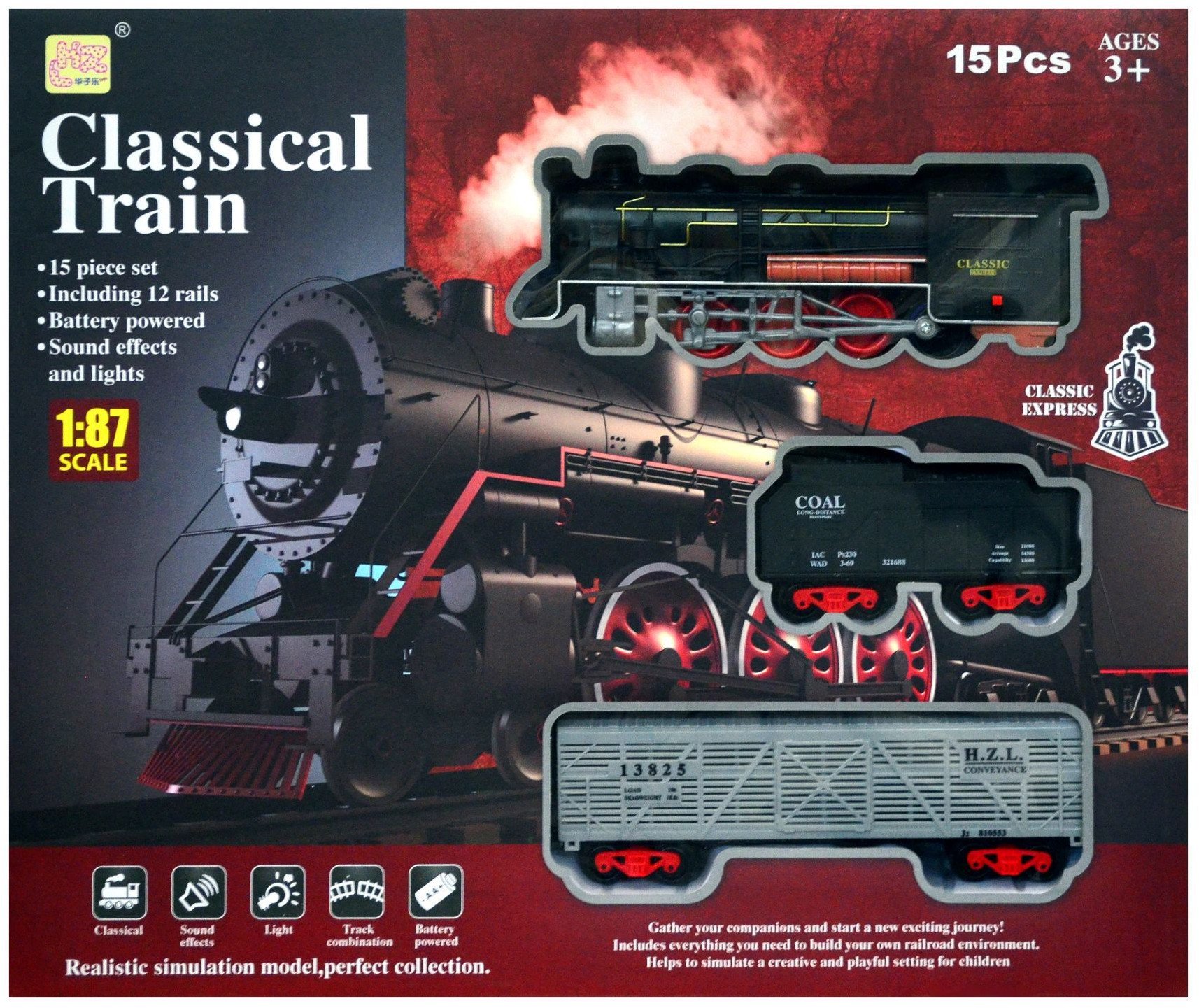 Kolejka z zestawem torów oraz z dźwiękiem i światłem