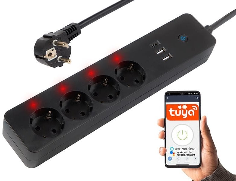 98-421# Inteligentna listwa zasilająca czarna 3m 2xusb+usb-c wifi tuya