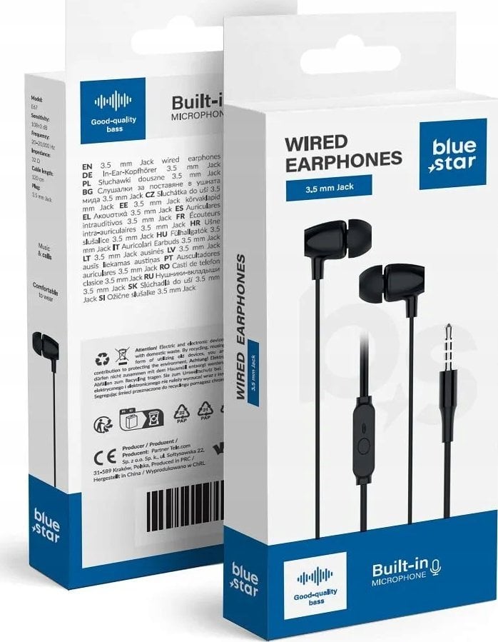 BLUE STAR słuchawki przewodowe Jack 3,5 mm z mikrofonem PA-E67 1,2 m czarne