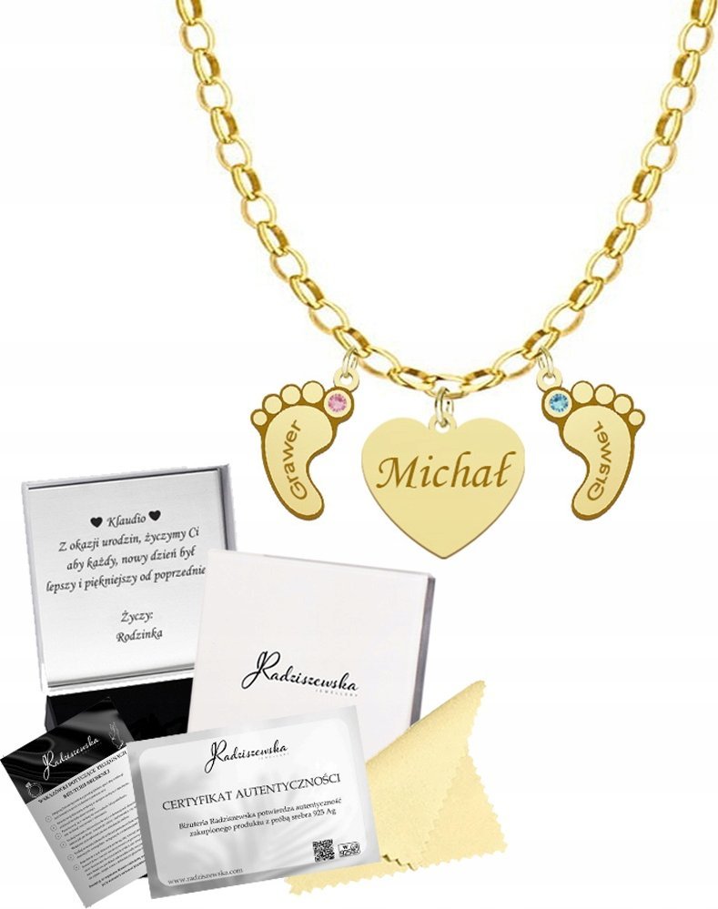 Radziszewska Jewellery Złoty Naszyjnik SERCE STÓPKI Prezent Dzień Mamy SREBRO 925 GRAWER GRATIS