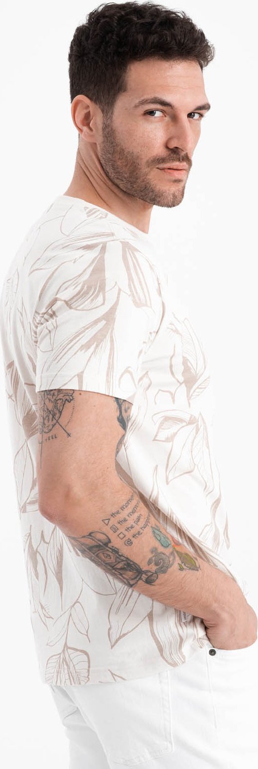 Ombre T-shirt męski fullprint w kontrastowe liście - jasnobeżowy V1 OM-TSFP-0180 L