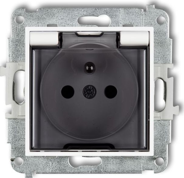 Karlik MINI Gniazdo bryzgoszczelne z/u IP44 z przesłonami klapka dymna białe MGPB-1zdp