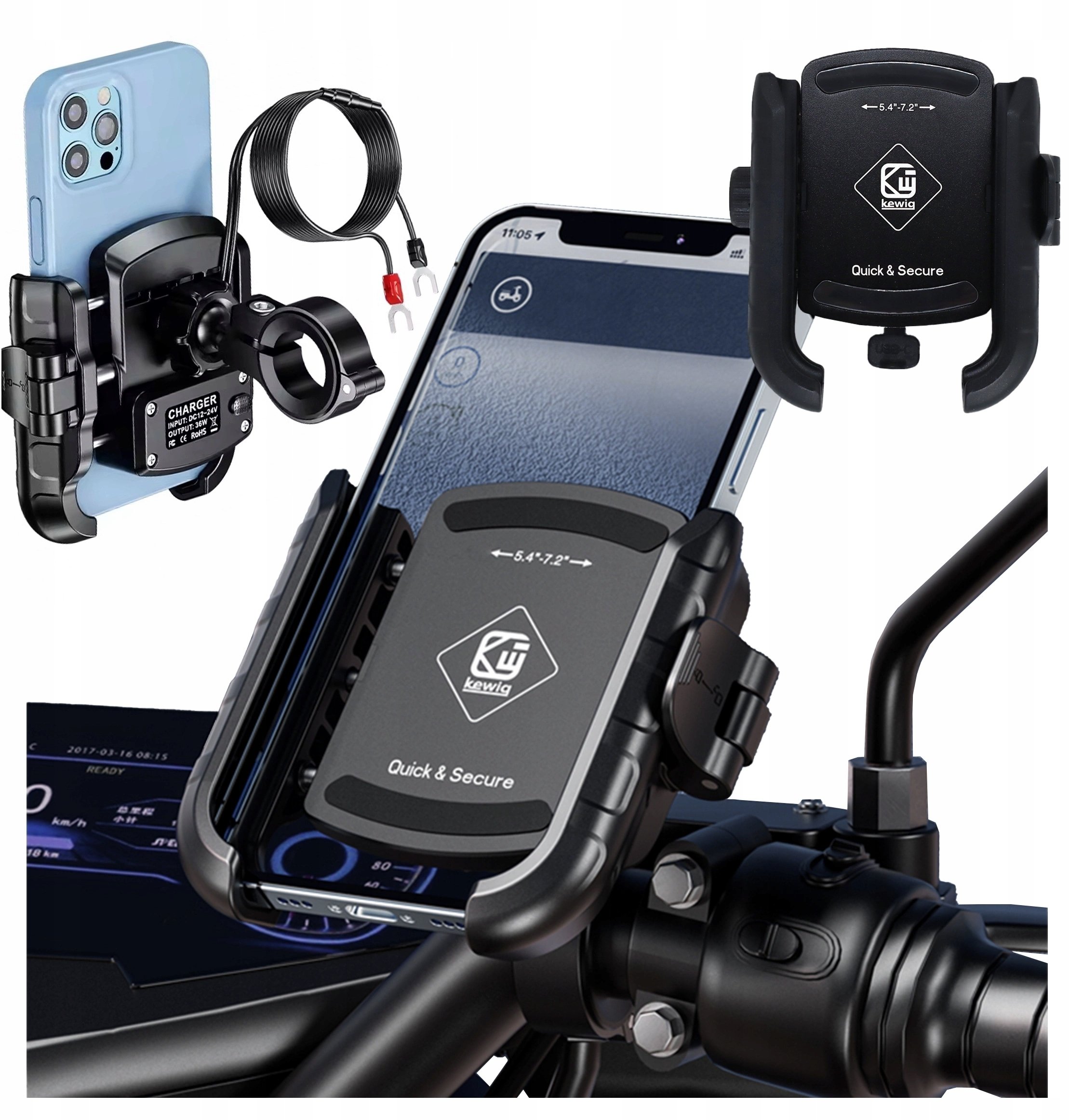 Uchwyt Motocyklowy na Telefon z Szybkim Ładowaniem 36W USB-C PD Kewig do Kierownicy i Lusterka, Rotacja 360, Kompatybilny z Tel