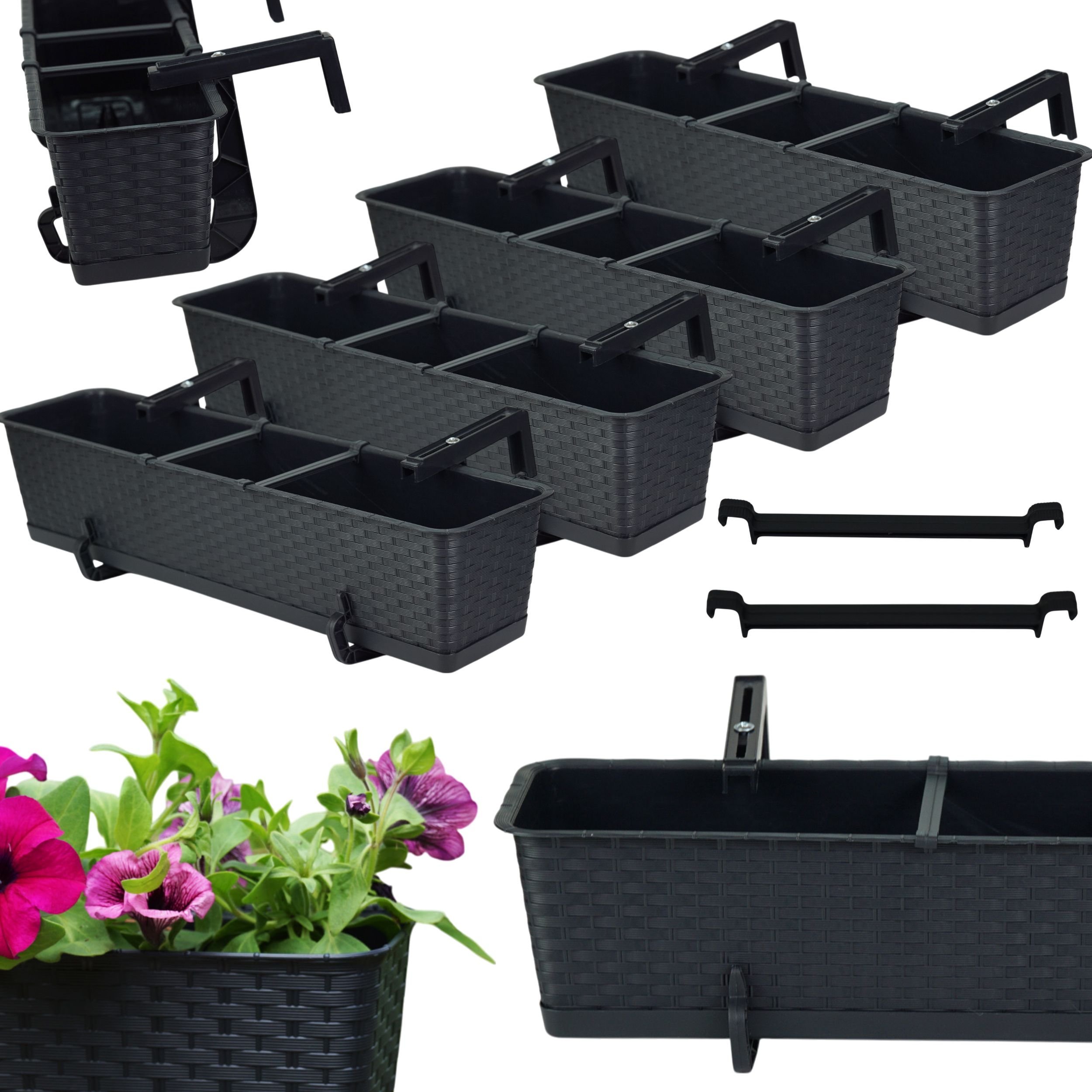 4x Skrzynka balkonowa Ratolla z podstawką ISR700P Doniczka prostokątna + uchwyty