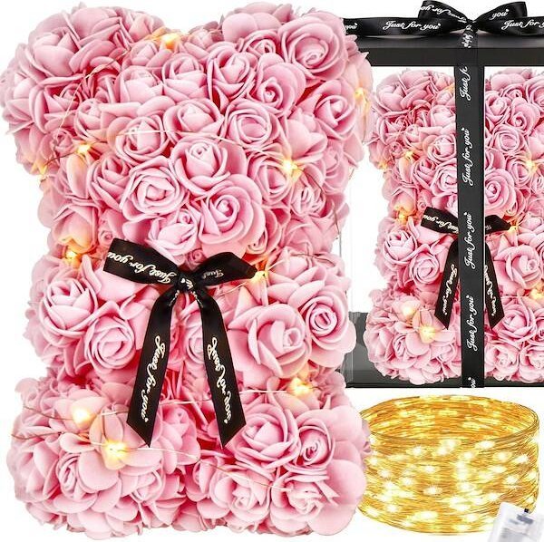 Springos Miś z płatków róż różowy 25 cm rose bear z lampkami LED biały ciepły UNIWERSALNY