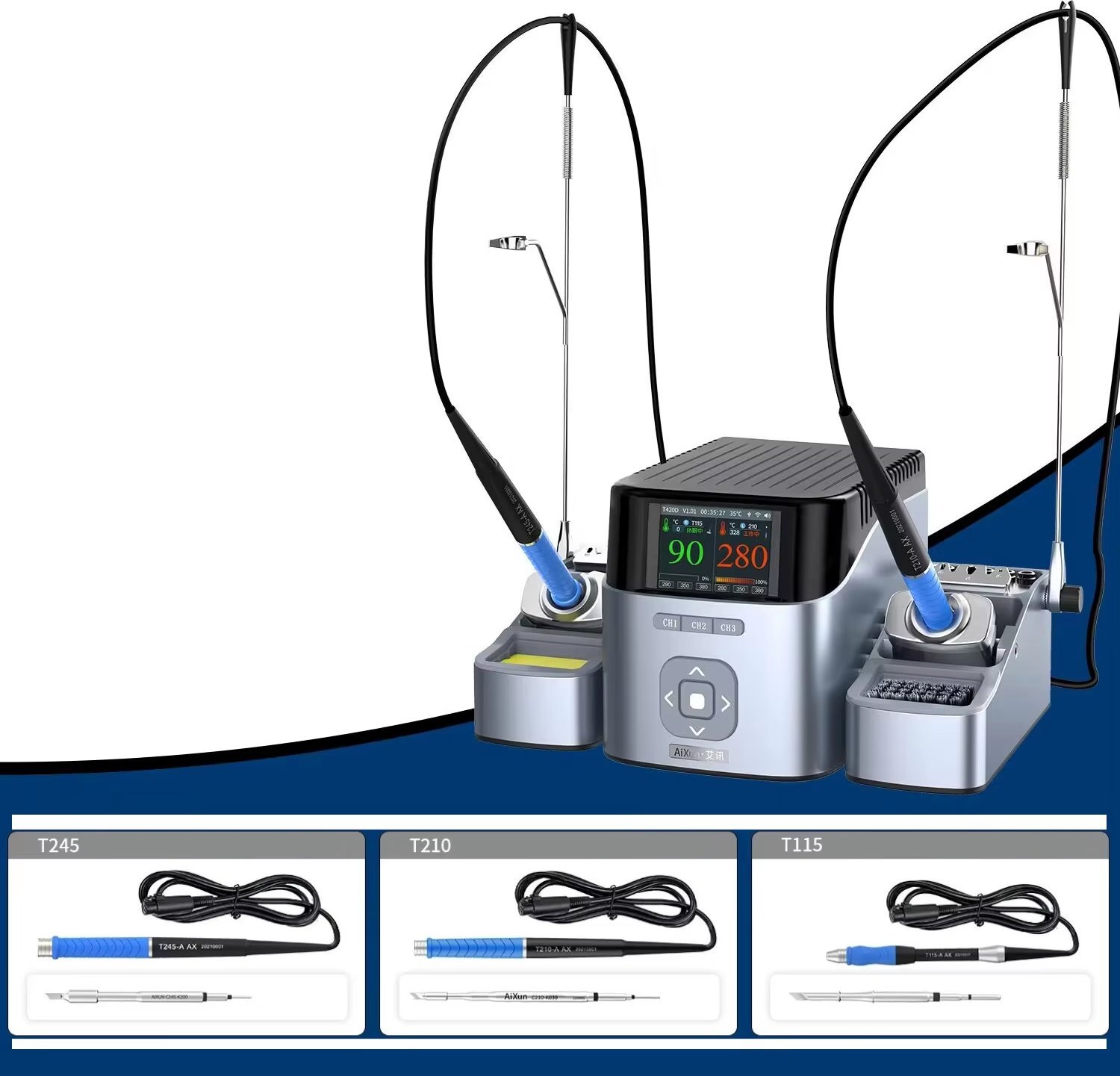 Stacja Lutownicza Aixun Podwójna Precyzyjna T420D 3 Kolby 9 Grotów Zestaw