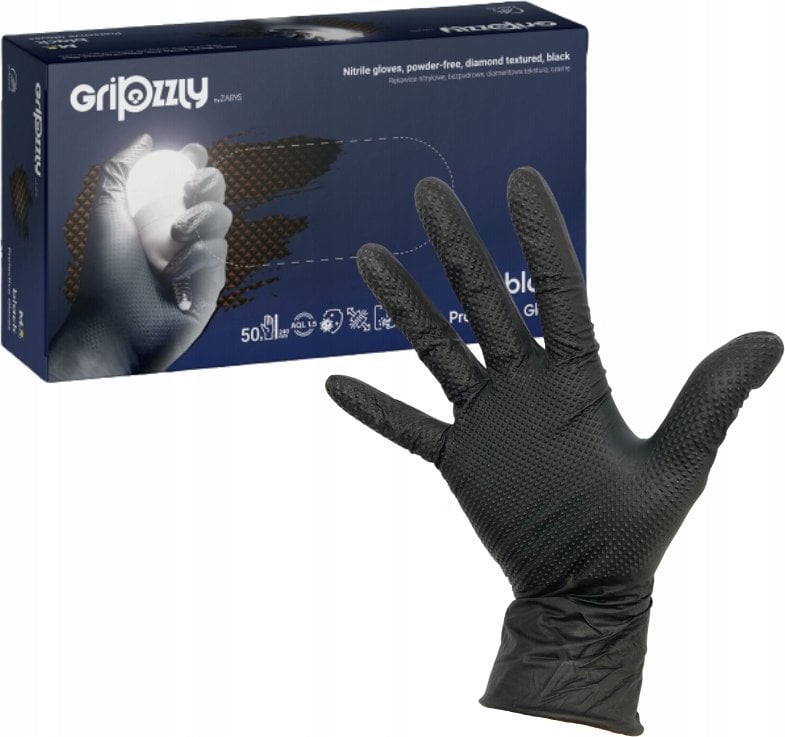 Zarys Zarys Gripzzly - Rękawiczki diagnostyczne, nitrylowe, bezpudrowe, czarne - L