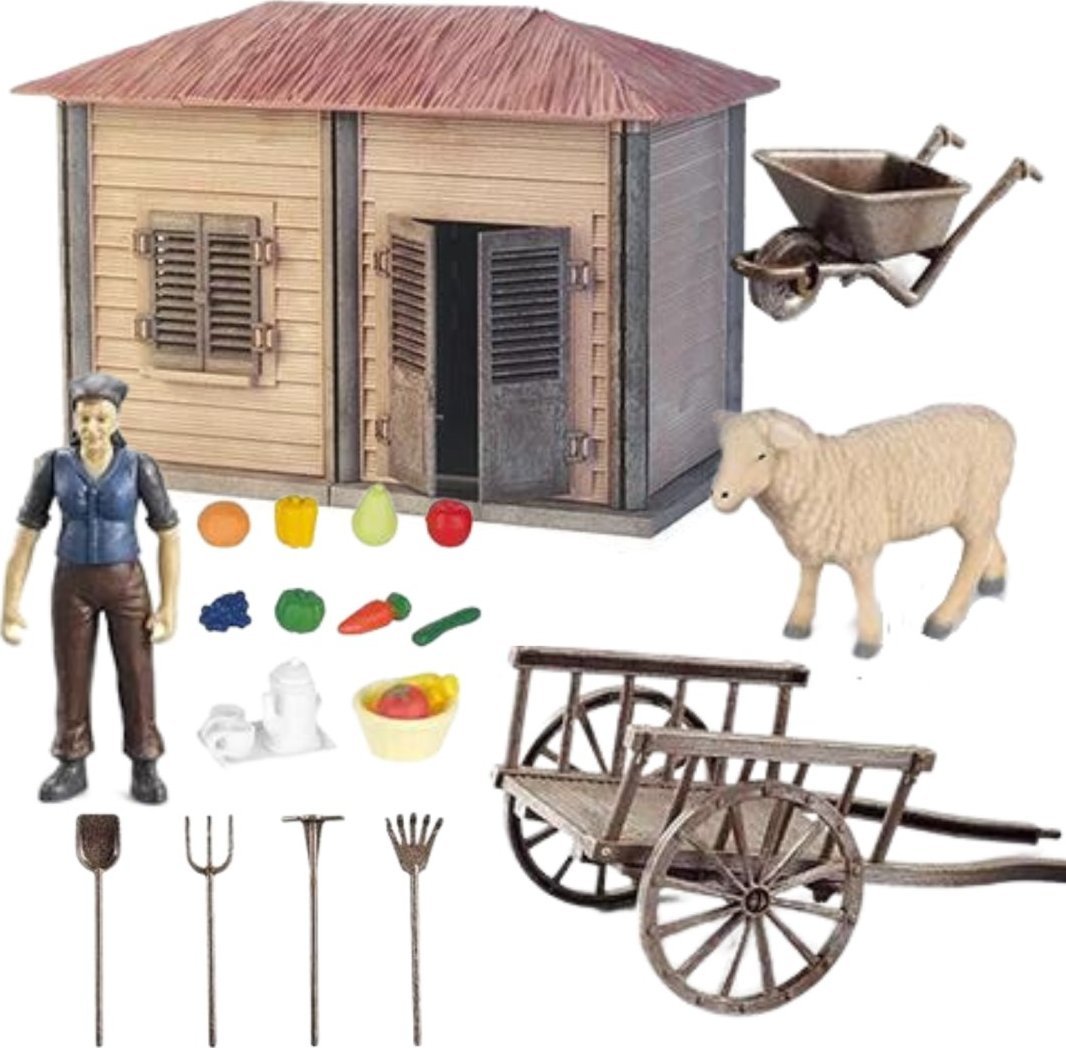 DUŻY ZESTAW FARMA DOMEK ROLNIKA ROLNIK OWCA NARZĘDZIA ROLNICZE TACZKI