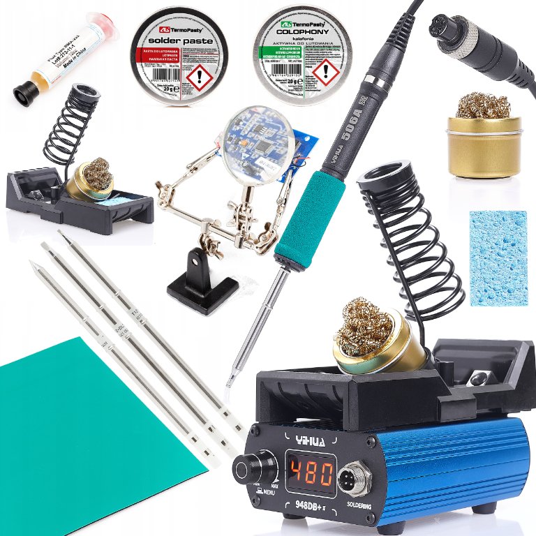 Stacja Lutownicza Yihua 948DB+II 3 Groty T12 Duży Zestaw Akcesoriów Topnik