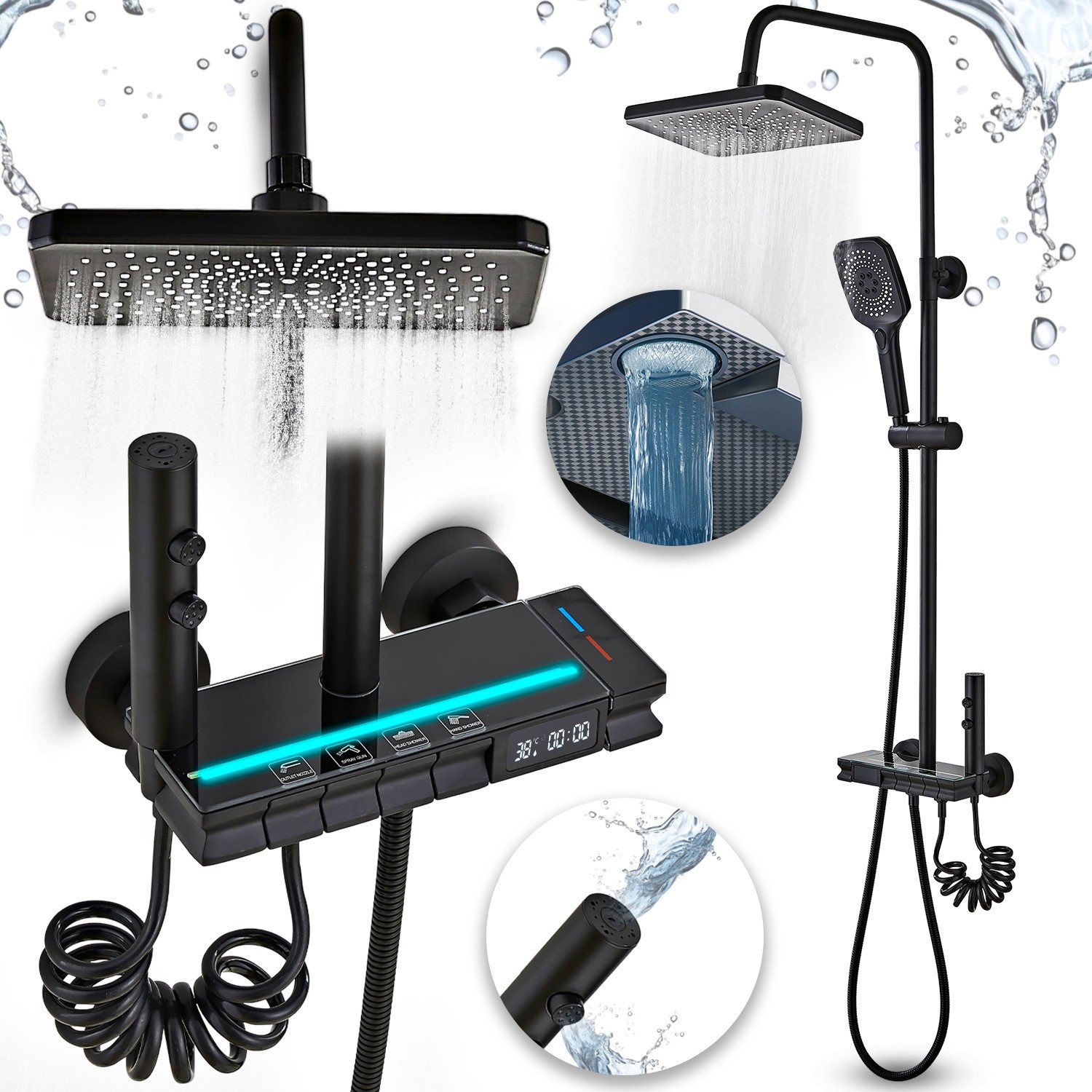 Zestaw prysznicowy Heckermann V6 Czarny Kolumna prysznicowa z regulacją temp