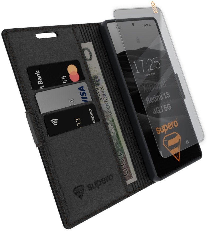 Etui z klapką Supero Business 3 Wallet Case do Xiaomi Redmi 15, czarne + szkło