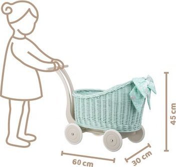 WickerPL Luna MALOWANY Miętowy WIKLINOWY WÓZEK DLA LALEK Z POŚCIELĄ 60X30 H45 CM