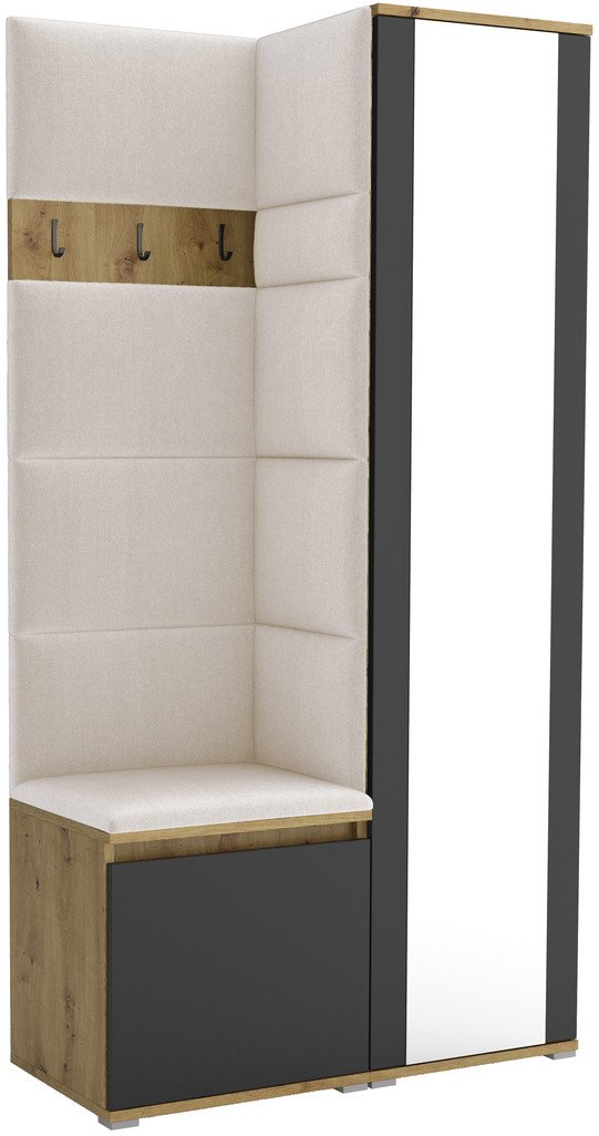 Tapicerowana garderoba Noris VI z lustrem - artisan z czarnym frontem + tkanina Trinity 01