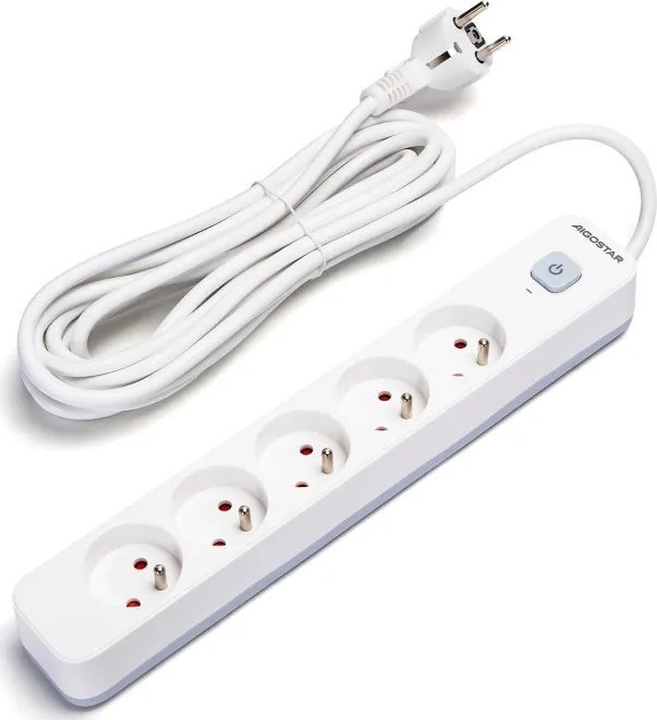 Aigostar Francuski przedłużacz 5-gniazdowy z wyłącznikiem biało-szary 5m Francuski przedłużacz 5-gniazdowy z wyłącznikiem biało-szary 5m