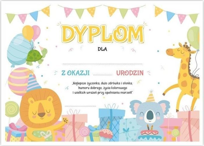 LearnHow Dyplom A4 urodzinowy - Wesołe zwierzaczki 5szt