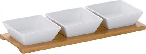 Kela Zestaw Kela Philipa 3 kwadratowych porcelanowych miseczek na bambusowej podkładce, 33,5x12x5 cm