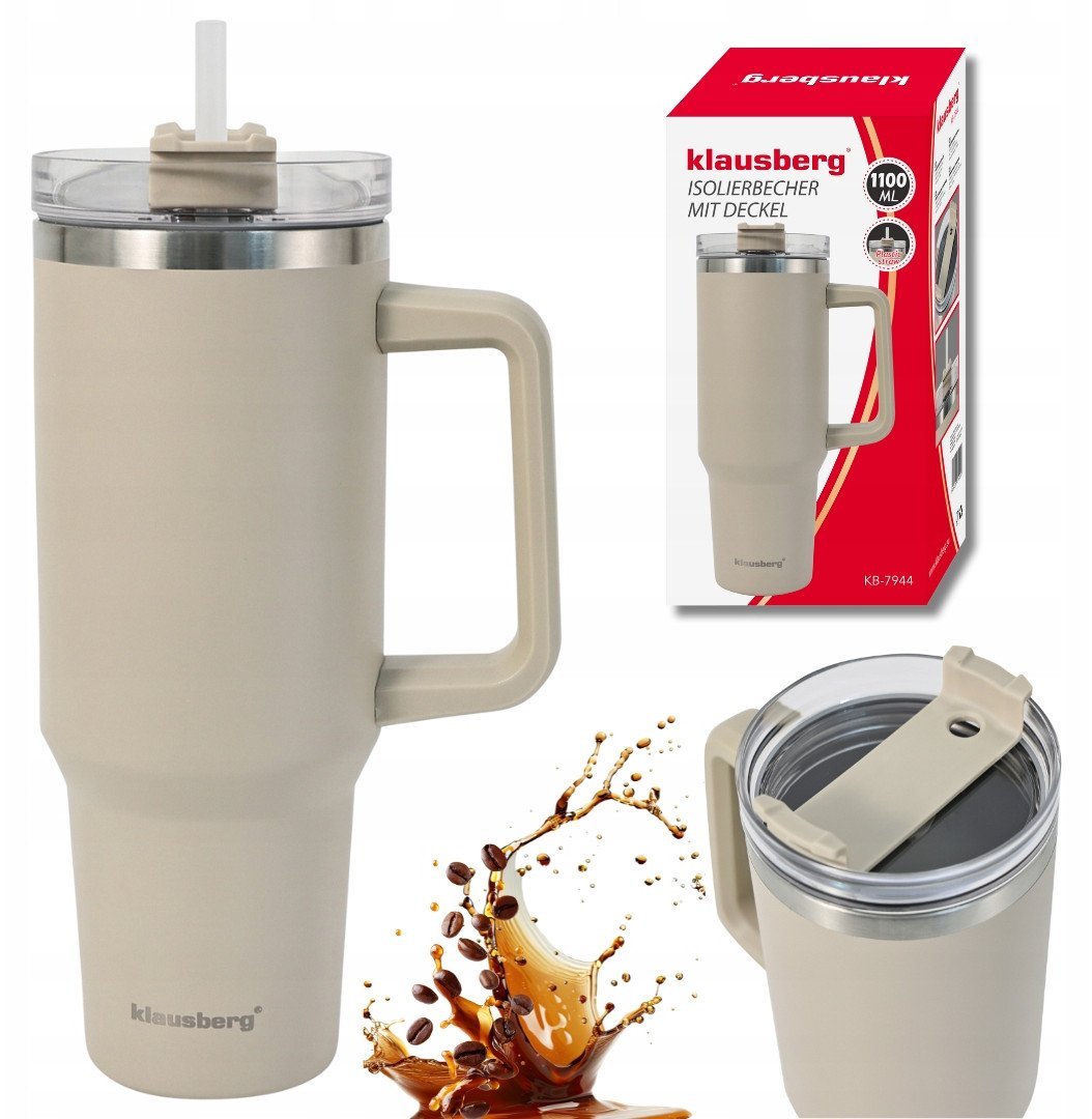 STALOWY KUBEK TERMICZNY TERMOS 1100ml Z RĄCZKĄ I SŁOMKĄ KLAUSBERG KB-7944