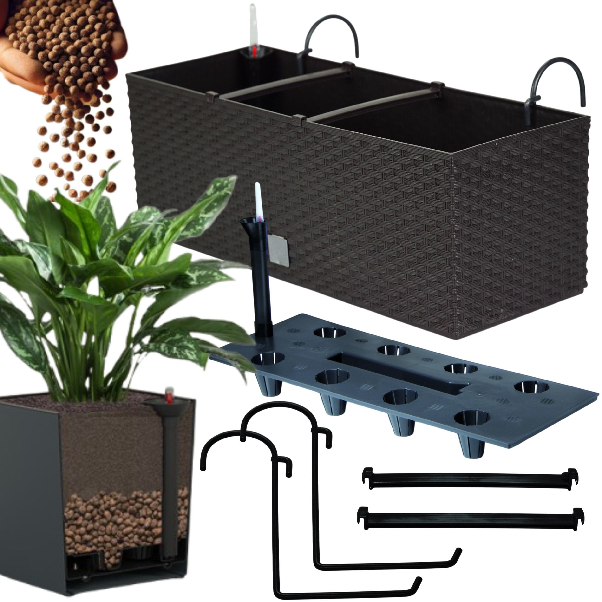 Doniczka balkonowa 51cm + uchwyty / haki, nawadniacz Skrzynka na balkon + keramzyt 2l