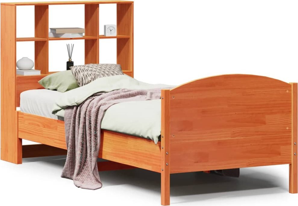 vidaXL Łóżko z regałem, bez materaca, woskowy brąz, 90x200 cm, sosnowe