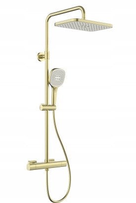 5756-910-31 / KFA / MALAGA / DESZCZOWNIA Z BATERIĄ TERMOSTAT NATRYSKOWĄ ŚCIANNA, PVD BRUSHED LIGHT GOLD /